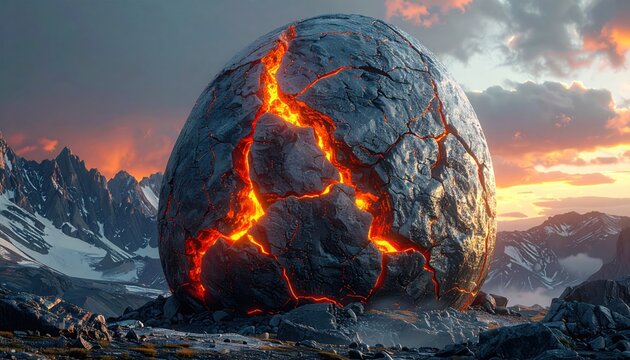 Giant cracked stone egg glows with molten core, set against a mountain range
