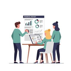 Team analyzing financial report with charts and graphs on a whiteboard and tablet.