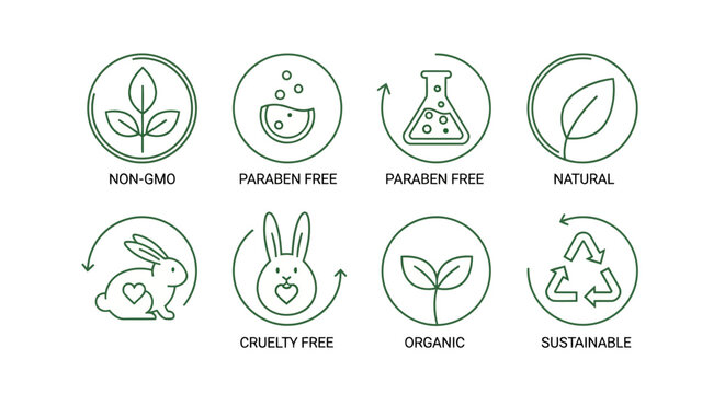 Natural cosmetic icons. Beauty badges. Cruelty free  vegan  bio  paraben free  labels. Skincare logo. GMO free emblems. Organic cosmetic line icon. Vector illustration