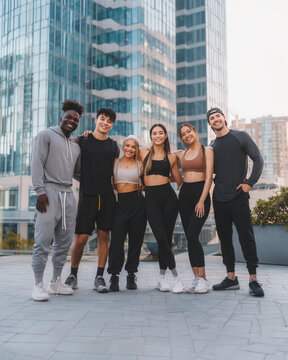 A high-quality lifestyle portrait of a diverse group of four happy young men and women in their 20s wearing trendy athleisure, smiling together against a modern city background.