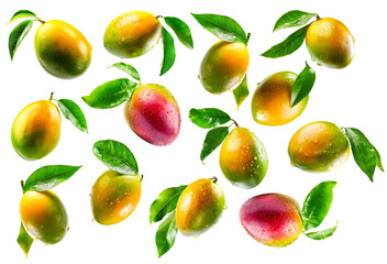 Obraz premium Fresh ripe mangoes with green leaves and water droplets, isolated on white background, concept of tropical fruit freshness