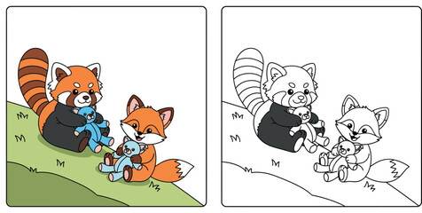 Fototapeta premium Cute cartoon red panda and little fox holding blue teddy bears, happy animal friends playing with toys on green grass, vector illustration for kids.