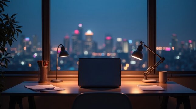 Escritorio con una computadora port&aacute;til cerrada, una l&aacute;mpara de escritorio minimalista y algunos papeles dispersos, con el tel&oacute;n de fondo de una gran ventana