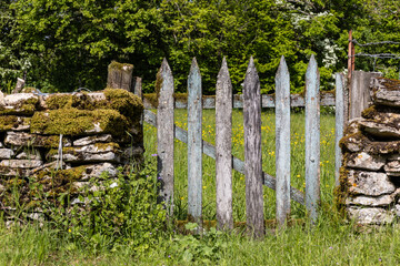 Naklejka premium mur en pierres et porte ancienne en bois, enclos à la campagne