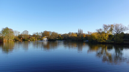 A scenic view of Lake Meadows park on a clear morning, Billericay, Essex, UK. 