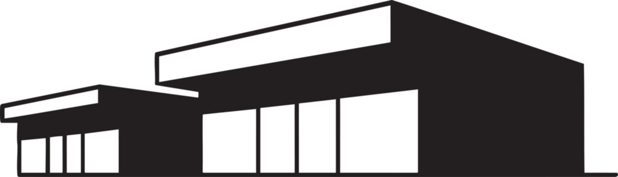 Large black and white industrial building with multiple garage doors and flat roof warehouse