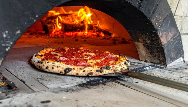 Salamipizza in einem Steinofen