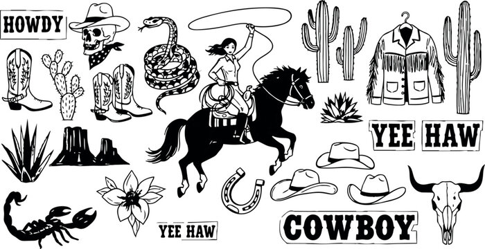 Hand drawn western cowboy woman riding horse with lasso surrounded by cacti boots skull and rustic apparel vector art