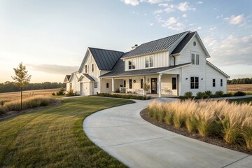 Fototapeta premium Fresh landscaped garden with green lawn, bark mulch reducing weeds, stone pathway and seating area. Eco-friendly residential backyard design, natural outdoor space with sunlight.