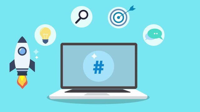 Flat illustration of a laptop with AI processor icon, rocket, search, target, lightbulb, chat bubble, and hashtag symbol, representing artificial intelligence, hashtag strategy, digital marketing opti