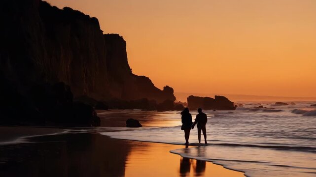 Silhouette of couple holding hands at sunset on scenic beach