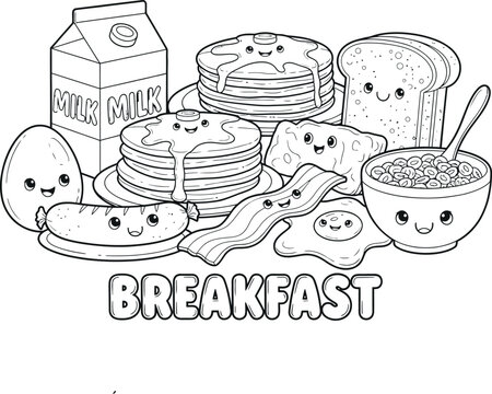 Breakfast food items with smiling faces and transparent background