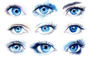 A collection of watercolor paintings featuring pairs of blue eyes with varying expressions and watercolor textures