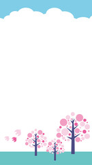 春の森のイラスト　桜と鳥の可愛い背景イラスト