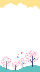 春の森のイラスト　桜と鳥の可愛い背景イラスト