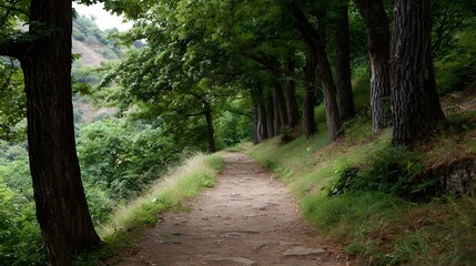 Obraz premium A dirt path winds through a green forest on a wooded hillside lined with trees