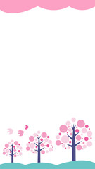 春の森のイラスト　桜と鳥の可愛い背景イラスト