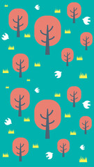 春の森のイラスト　桜と鳥の可愛い背景イラスト