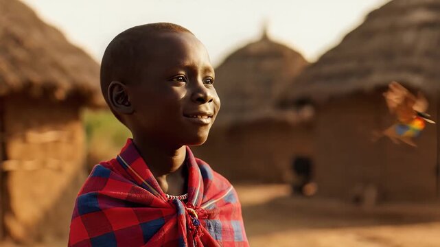 African child smiling in traditional village setting with flying birds