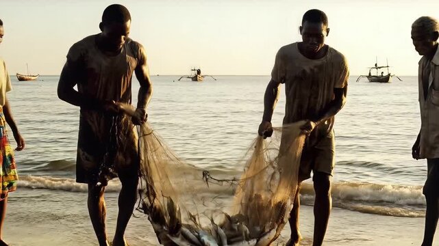 African Fishermen Pulling Fishing Net Full of Catch Onto Beach At Sunset
