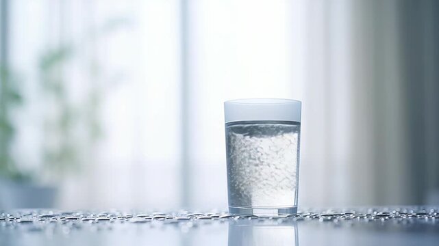 Frosted glass container creating a serene, minimalist atmosphere on a glossy surface, presenting a tranquil scene with natural light and blurred home interior elements in the background
