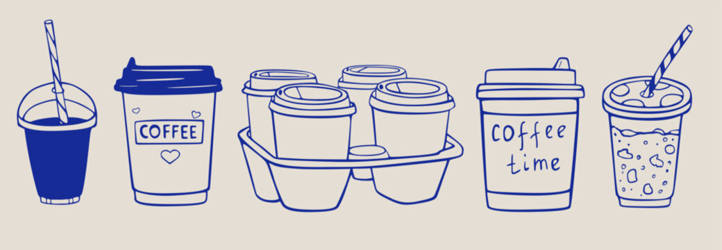 Takeaway Coffee Cups Line Art, Coffee To Go Illustration Set