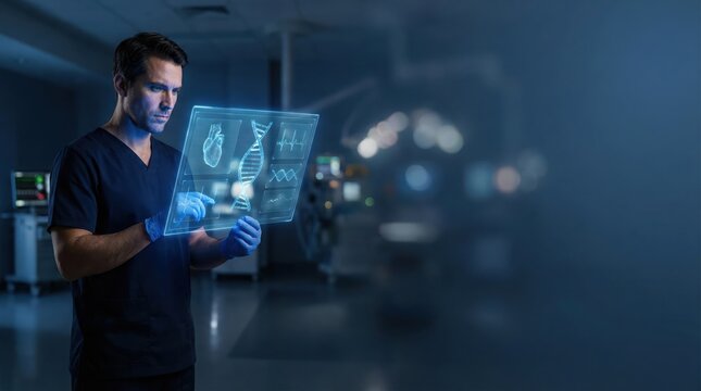 Professional doctor interacting with complex holographic medical data interface against a dark blue background with negative space for banner design.