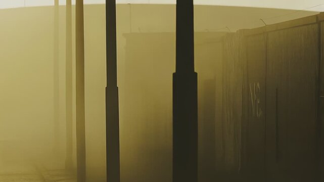 Dense fog swallowing rows of concrete pillars over a wet, reflective ground, evoking eerie, desolate industrial mood with limited visibility and vanishing perspective