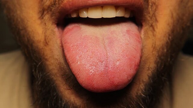 Closeup Cracked human tongue showing dryness and fissures, often linked to dehydration or vitamin deficiency. Useful for medical education, healthcare awareness, oral health content and diagnostics,