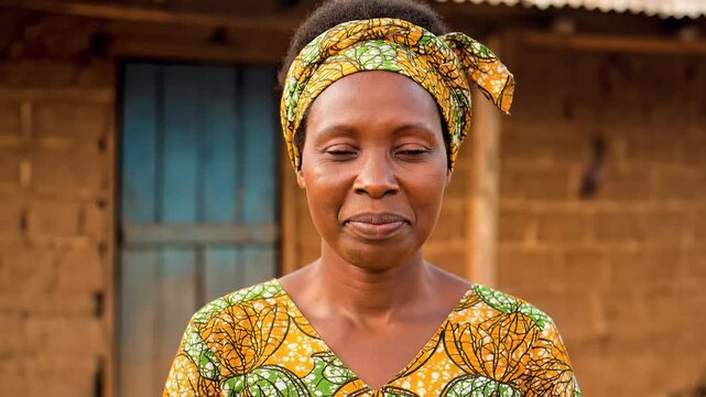 African woman smiling in traditional clothes rural village setting