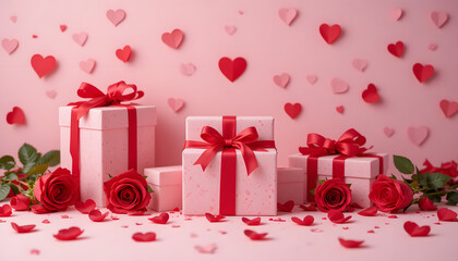Red gift box with ribbon and heart decorations for celebrations