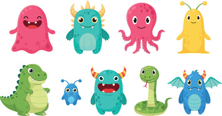 Obraz premium Cute cartoon monsters and fantasy creatures collection with colorful characters and playful expressions vector illustration