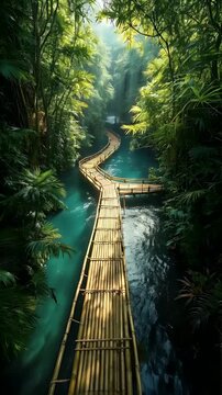 Wooden Pathway Over River in Lush Tropical Forest

