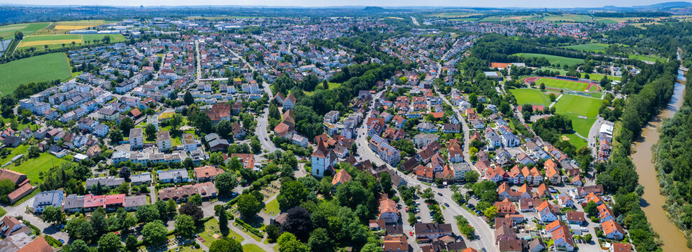 Aerial panoramic view of the city Freiberg am Neckar in Germany on a sunny spring day