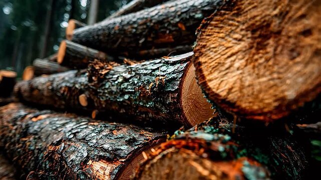 Stack of cut timber logs in a forest showing rough bark texture and wood rings with soft natural light filtering through the background.