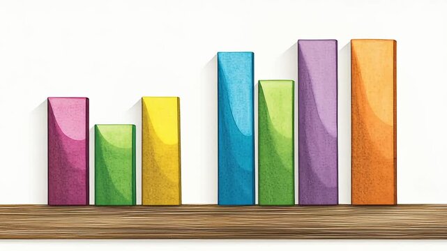 Colorful bar chart with wooden base showing data comparison and growth in bright tones