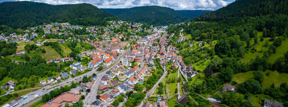 Aerial panoramic view of the city, brewery and monaster Alpirsbach, 72275 in Germany on a sunny spring day