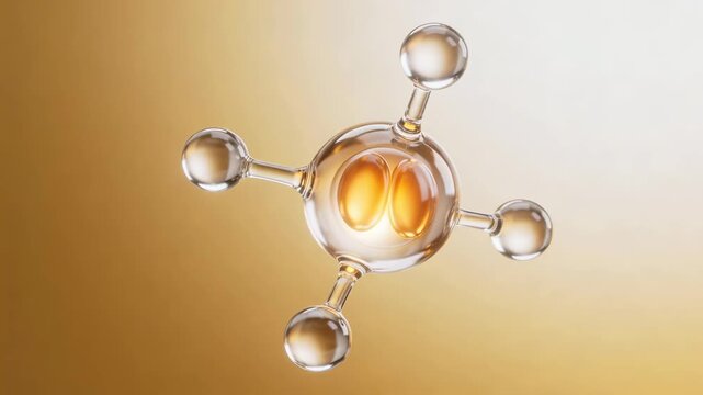 Floating coenzyme Q10 molecule in a stable transparent glass form with an inner golden light and a refined silhouette under cinematic lighting on a clean background.