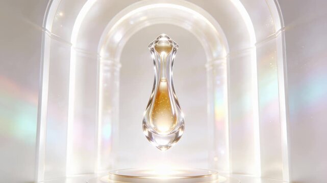Floating hyaluronic acid molecule as a sculptural transparent glass form with a luminous liquid core in pearl white light architecture with aurora like gradients on a clean stage