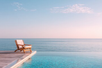 Fototapeta premium Relax and Unwind at a Beautiful Seaside Location With a Clear View of the Ocean Horizon and a Cozy Chair by the Water in Soft Light
