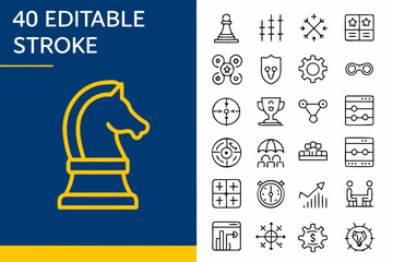Collection of editable stroke icons including a chess knight and various symbols © Indira