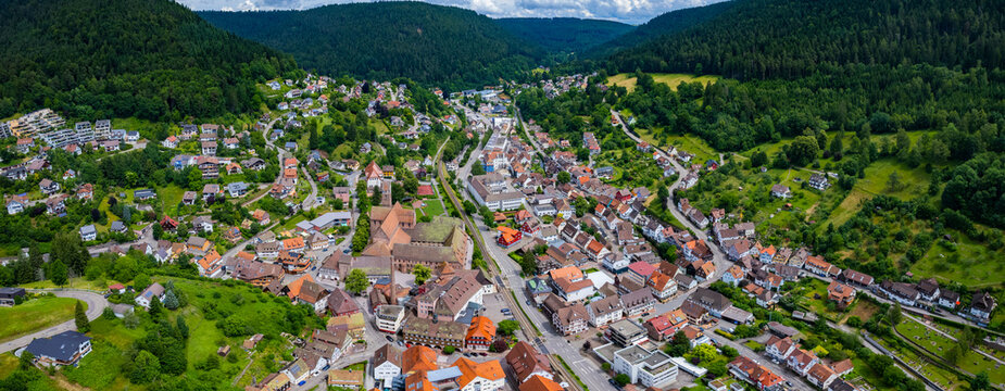 Aerial panoramic view of the city, brewery and monaster Alpirsbach, 72275 in Germany on a sunny spring day