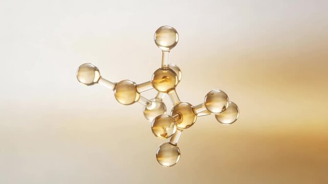 Stylized cortisol molecule in transparent glass 3D render with calm warm ivory champagne glow on a balanced aesthetic background