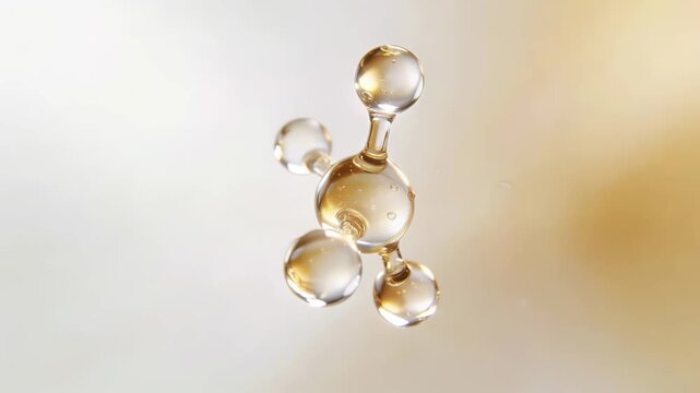 Stylized hyaluronic acid molecule in a transparent glass fluid form gently floating with liquid refraction and a luminous soft gradient pearl champagne glow on a clean background