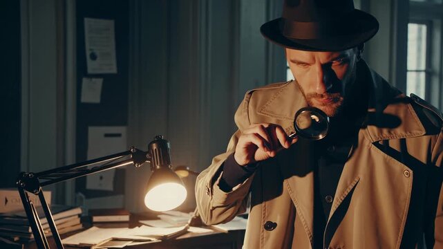 Detective examines clues in a dimly lit office at night