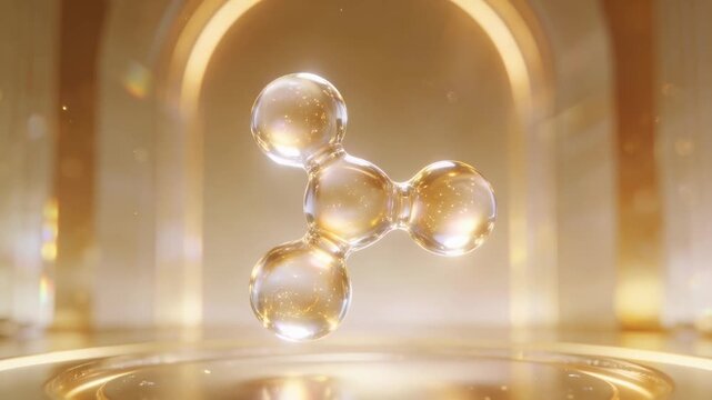 Ultra luxury hero visual of a stylized collagen molecule in transparent glass, floating with a soft sculptural triple form and an iconic silhouette on a golden champagne background