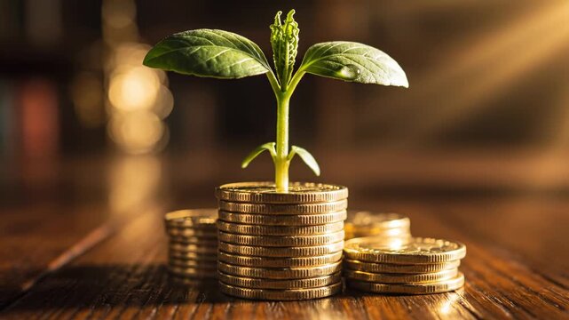 Growing money on coins in a close-up shot showing a plant sprouting from a stack of coins