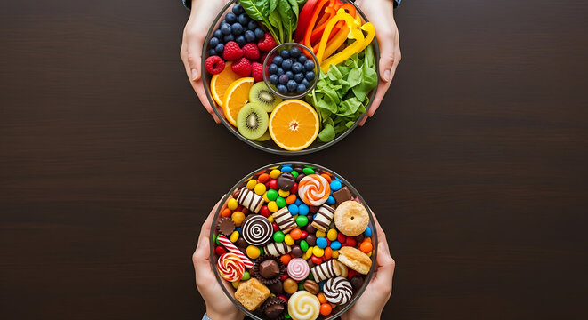 Top view of hands choosing between healthy fruit and sugary sweets.