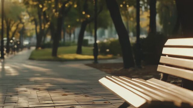 Park bench casting shadows on the paved ground, with a bokeh background of golden foliage and gentle street lamps creating a peaceful, contemplative autumn scene