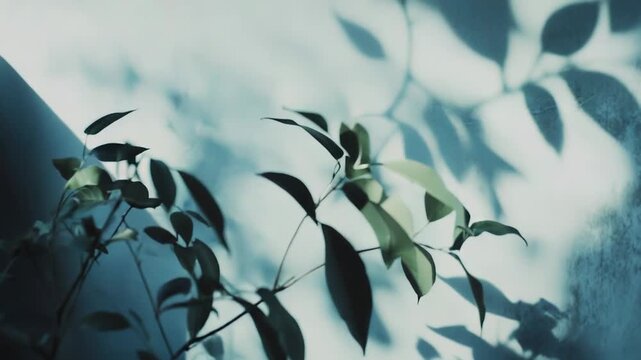 Green plant creating beautiful dark shadow patterns on a light blue grey wall, symbolizing nature, growth, tranquility, and organic minimalist design indoors
